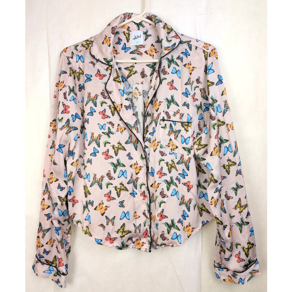 Lezat 100% silk butterfly button up lounge top Size Large Sleepwear Luxe Whimsy